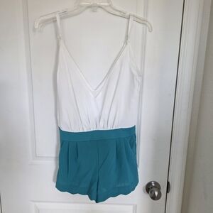 White V-Neck Romper with Teal Shorts